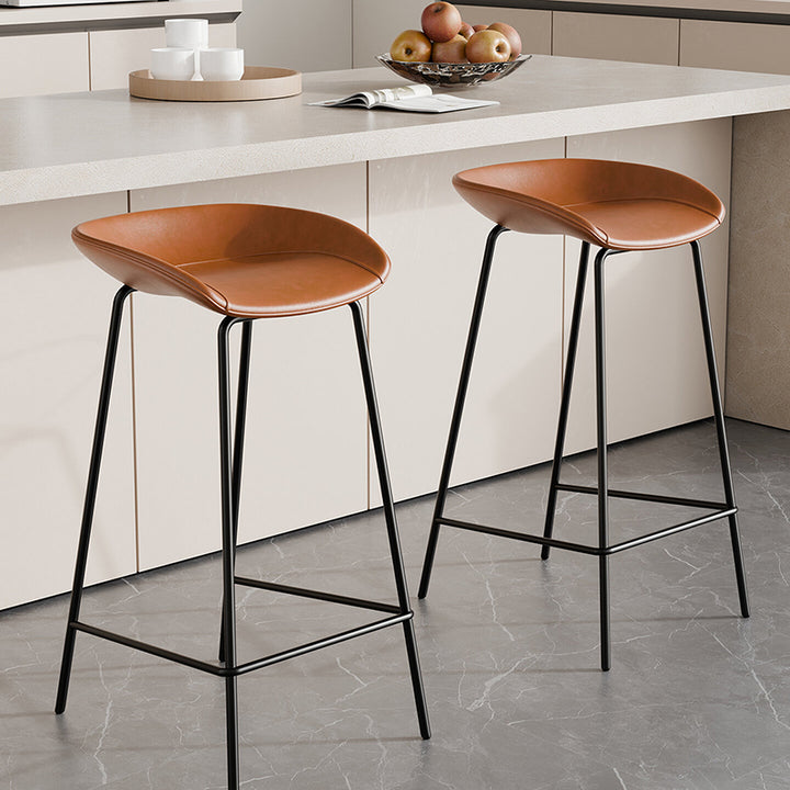 Contemporary Scandinavian Saddle-Style Faux Leather Iron Sponge Curved Trapezoidal Lightweight Bar Stool Backless Armless For Dining Room