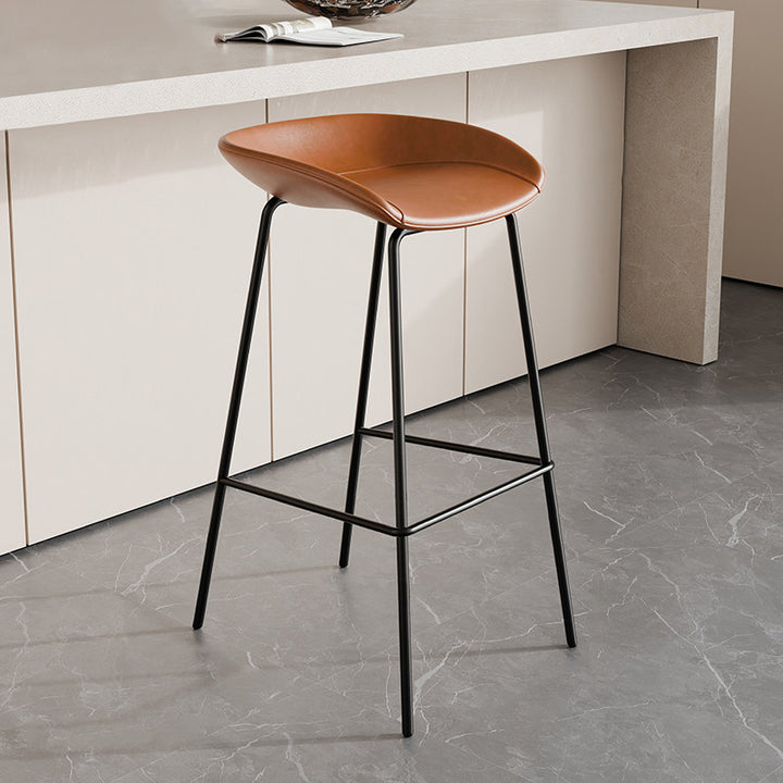 Contemporary Scandinavian Saddle-Style Faux Leather Iron Sponge Curved Trapezoidal Lightweight Bar Stool Backless Armless For Dining Room