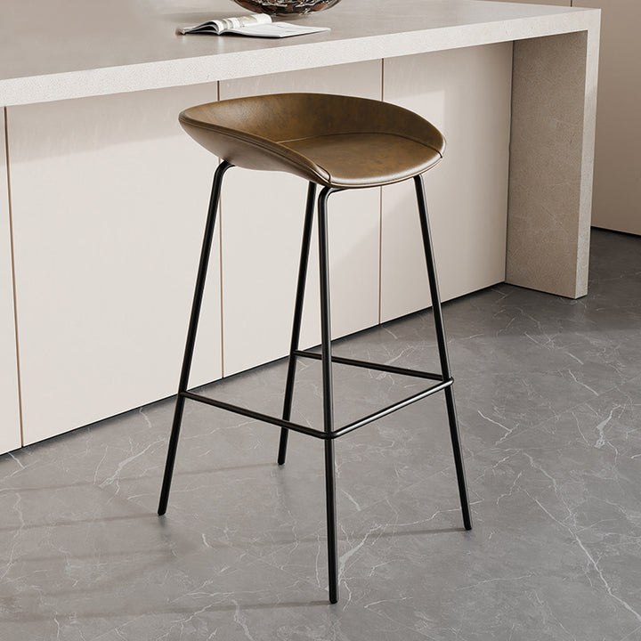 Contemporary Scandinavian Saddle-Style Faux Leather Iron Sponge Curved Trapezoidal Lightweight Bar Stool Backless Armless For Dining Room