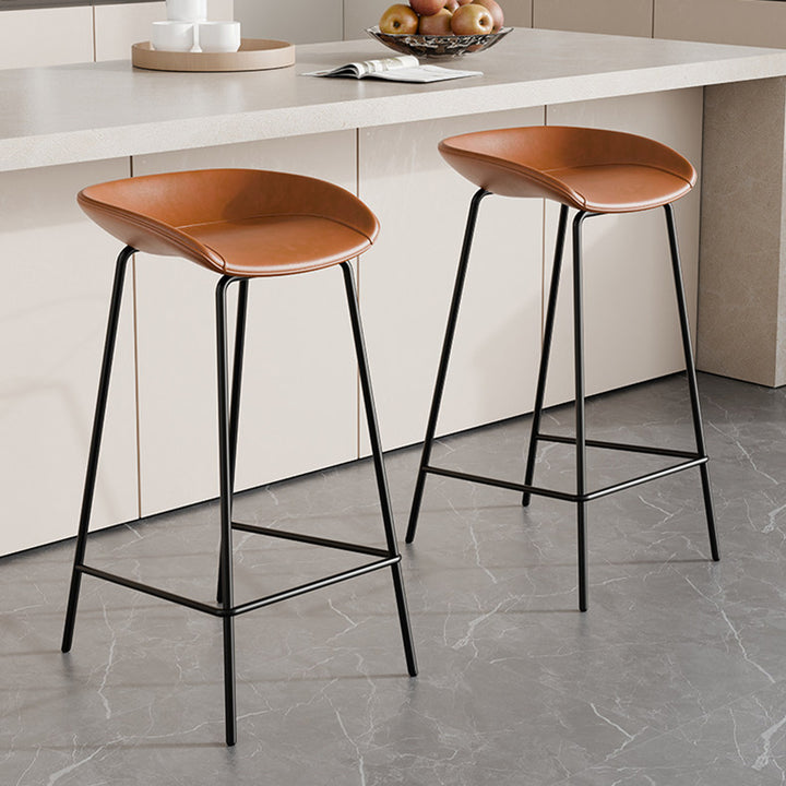 Contemporary Scandinavian Saddle-Style Faux Leather Iron Sponge Curved Trapezoidal Lightweight Bar Stool Backless Armless For Dining Room
