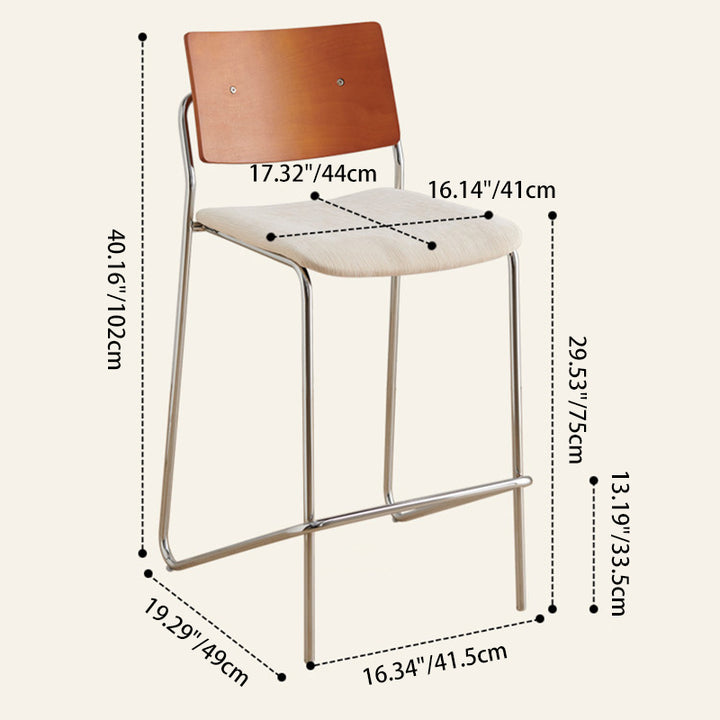 Taburete de bar rectangular contemporáneo escandinavo de madera maciza contrachapada de chenilla hierro con respaldo y reposapiés para comedor 