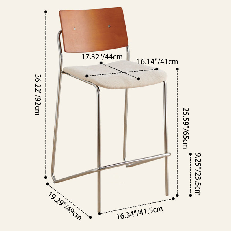 Taburete de bar rectangular contemporáneo escandinavo de madera maciza contrachapada de chenilla hierro con respaldo y reposapiés para comedor 