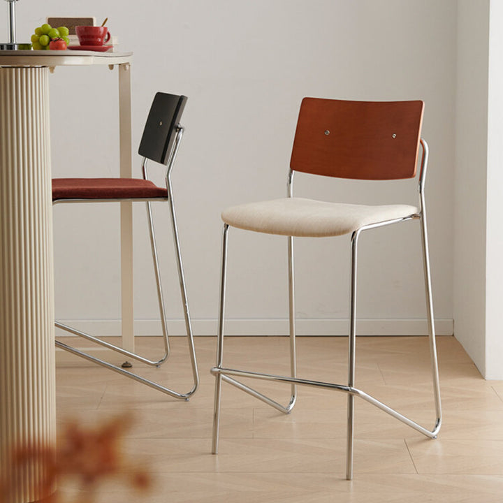 Taburete de bar rectangular contemporáneo escandinavo de madera maciza contrachapada de chenilla hierro con respaldo y reposapiés para comedor 
