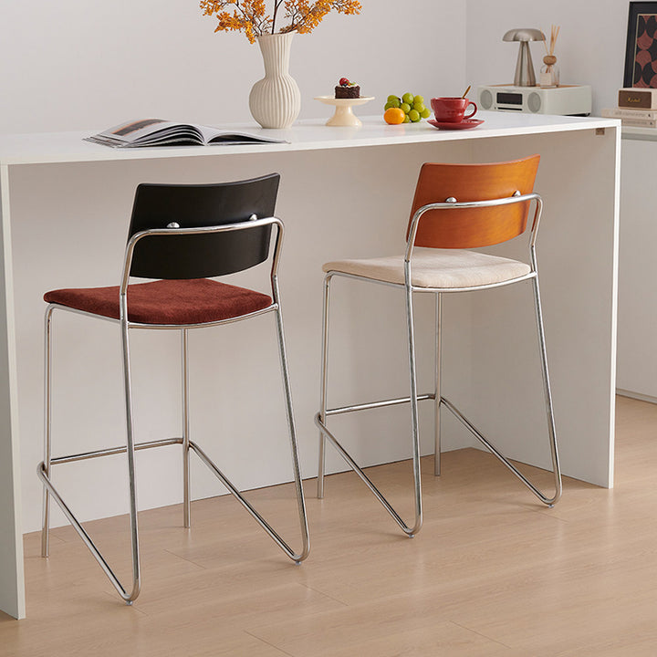 Taburete de bar rectangular contemporáneo escandinavo de madera maciza contrachapada de chenilla hierro con respaldo y reposapiés para comedor 