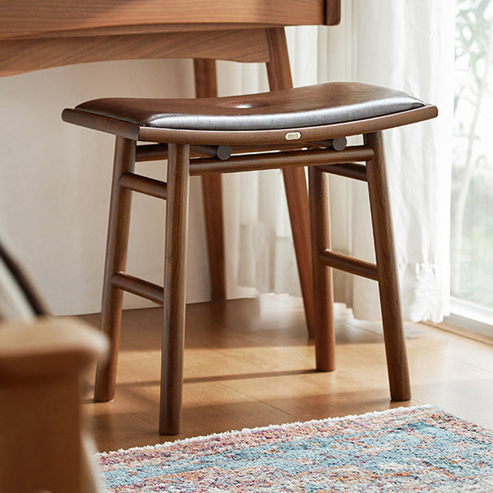 Traditional Chinese Ash Wood PU Leather Sponge Curved Edge Rectangular Space-Saving Vanity Stool Backless Armless For Bedroom