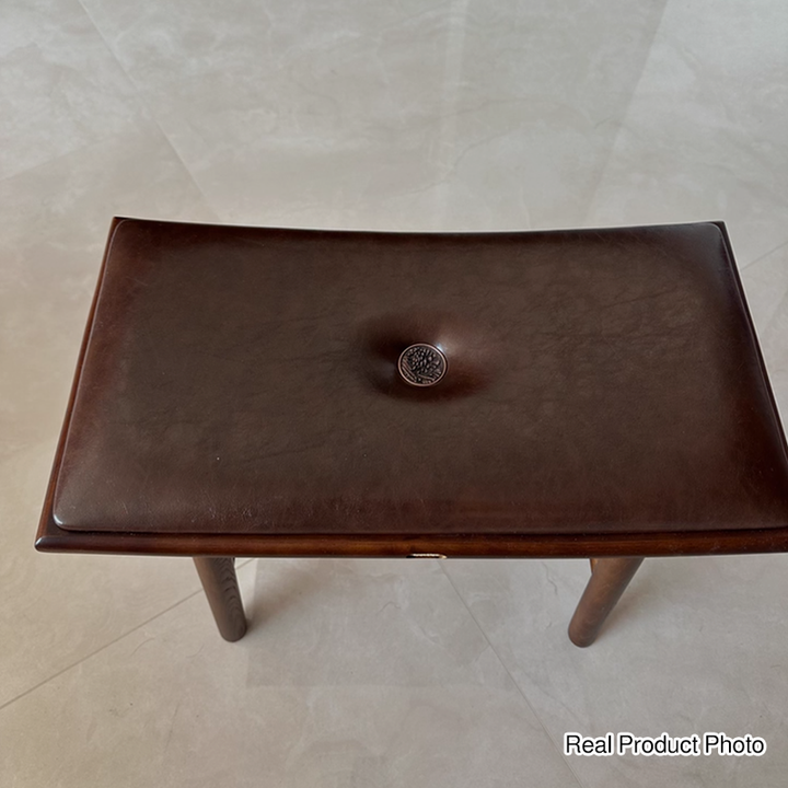 Traditional Chinese Ash Wood PU Leather Sponge Curved Edge Rectangular Space-Saving Vanity Stool Backless Armless For Bedroom