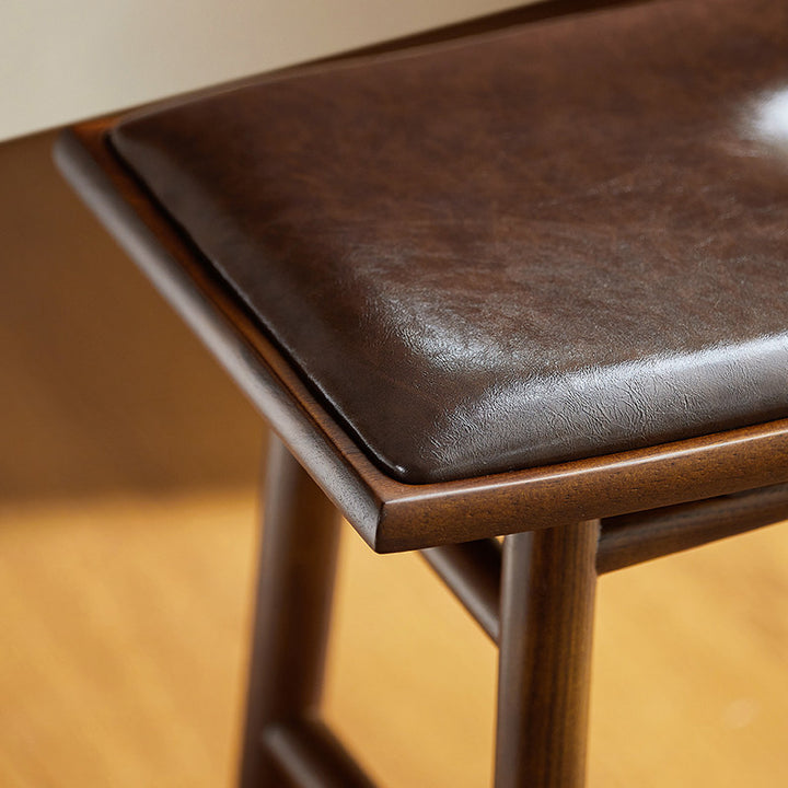 Traditional Chinese Ash Wood PU Leather Sponge Curved Edge Rectangular Space-Saving Vanity Stool Backless Armless For Bedroom