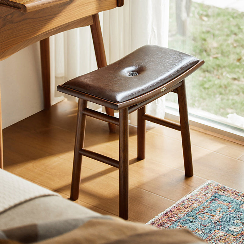 Traditional Chinese Ash Wood PU Leather Sponge Curved Edge Rectangular Space-Saving Vanity Stool Backless Armless For Bedroom