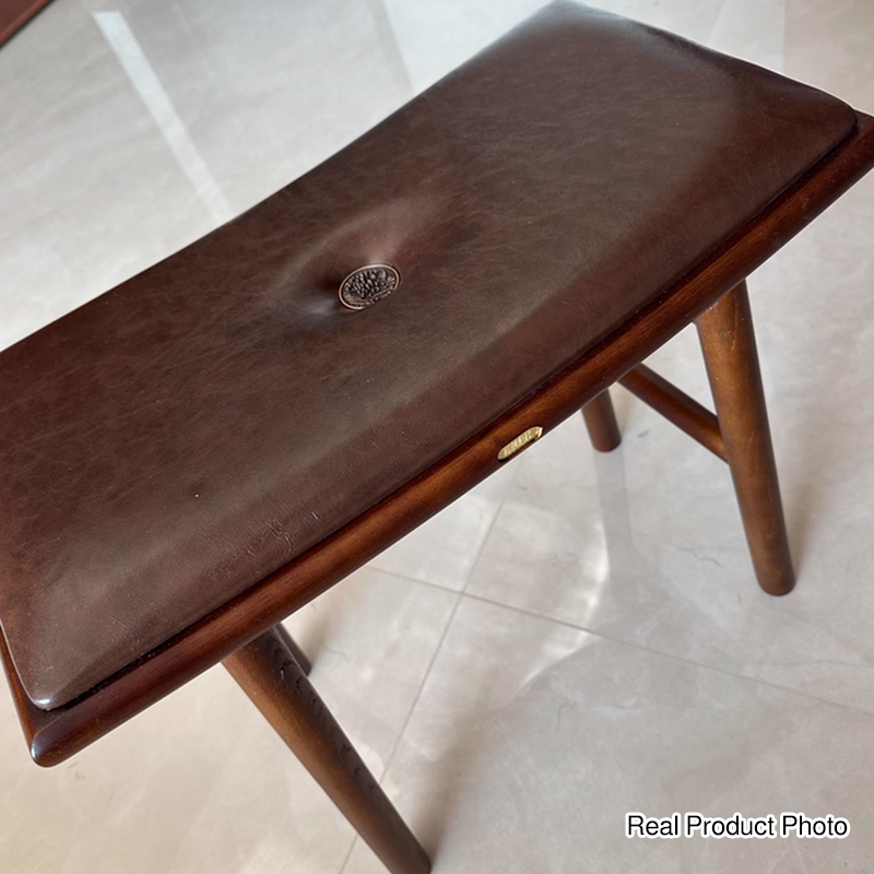 Traditional Chinese Ash Wood PU Leather Sponge Curved Edge Rectangular Space-Saving Vanity Stool Backless Armless For Bedroom