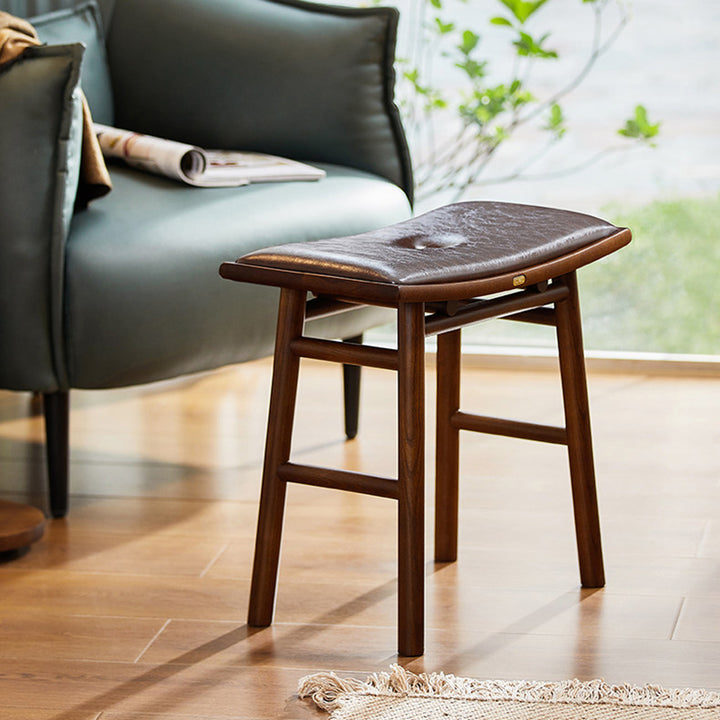 Traditional Chinese Ash Wood PU Leather Sponge Curved Edge Rectangular Space-Saving Vanity Stool Backless Armless For Bedroom
