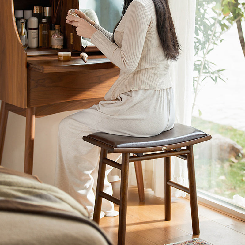 Traditional Chinese Ash Wood PU Leather Sponge Curved Edge Rectangular Space-Saving Vanity Stool Backless Armless For Bedroom