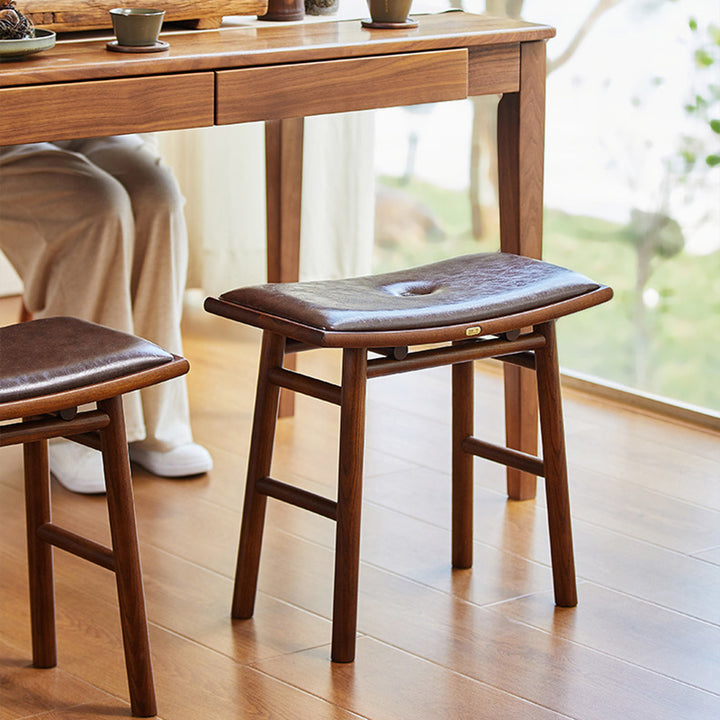 Traditional Chinese Ash Wood PU Leather Sponge Curved Edge Rectangular Space-Saving Vanity Stool Backless Armless For Bedroom