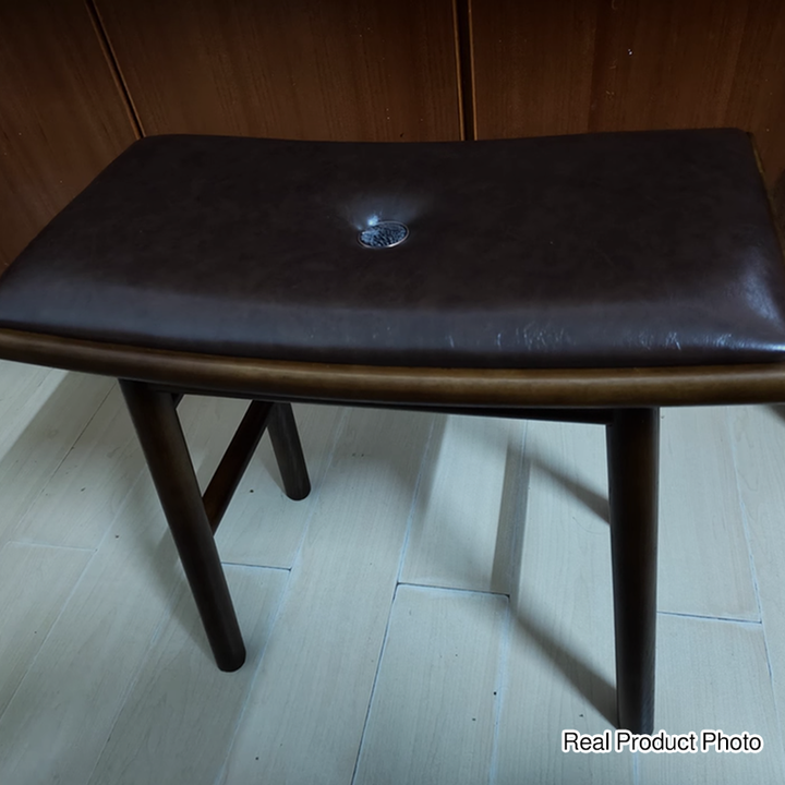 Traditional Chinese Ash Wood PU Leather Sponge Curved Edge Rectangular Space-Saving Vanity Stool Backless Armless For Bedroom