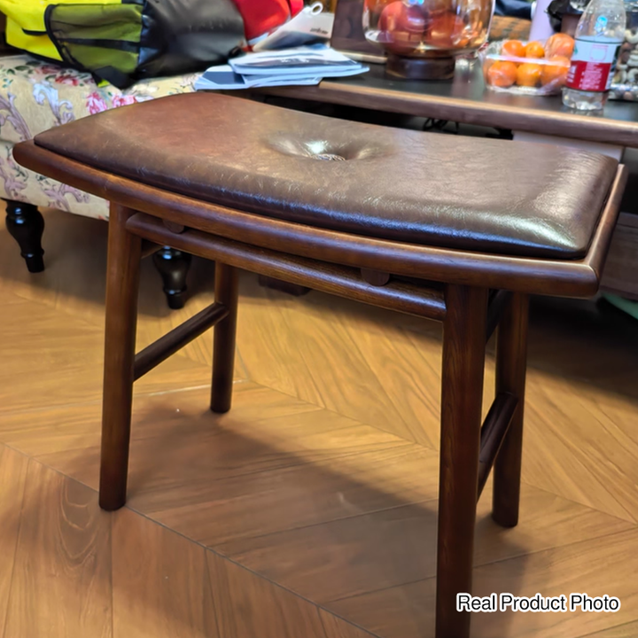 Traditional Chinese Ash Wood PU Leather Sponge Curved Edge Rectangular Space-Saving Vanity Stool Backless Armless For Bedroom