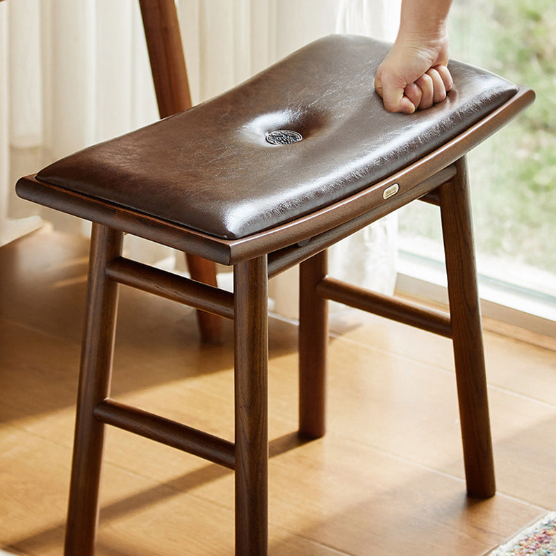 Traditional Chinese Ash Wood PU Leather Sponge Curved Edge Rectangular Space-Saving Vanity Stool Backless Armless For Bedroom