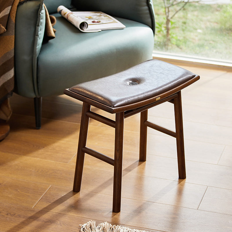 Traditional Chinese Ash Wood PU Leather Sponge Curved Edge Rectangular Space-Saving Vanity Stool Backless Armless For Bedroom