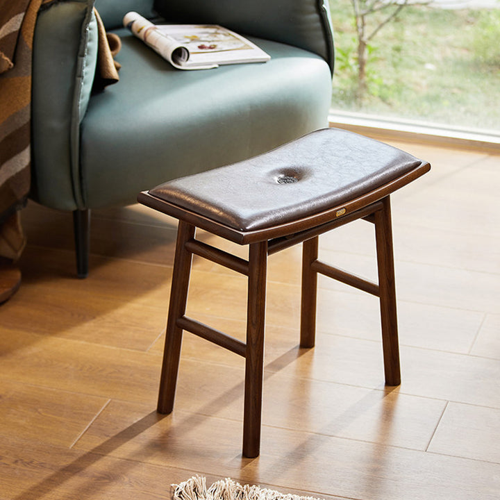 Traditional Chinese Ash Wood PU Leather Sponge Curved Edge Rectangular Space-Saving Vanity Stool Backless Armless For Bedroom
