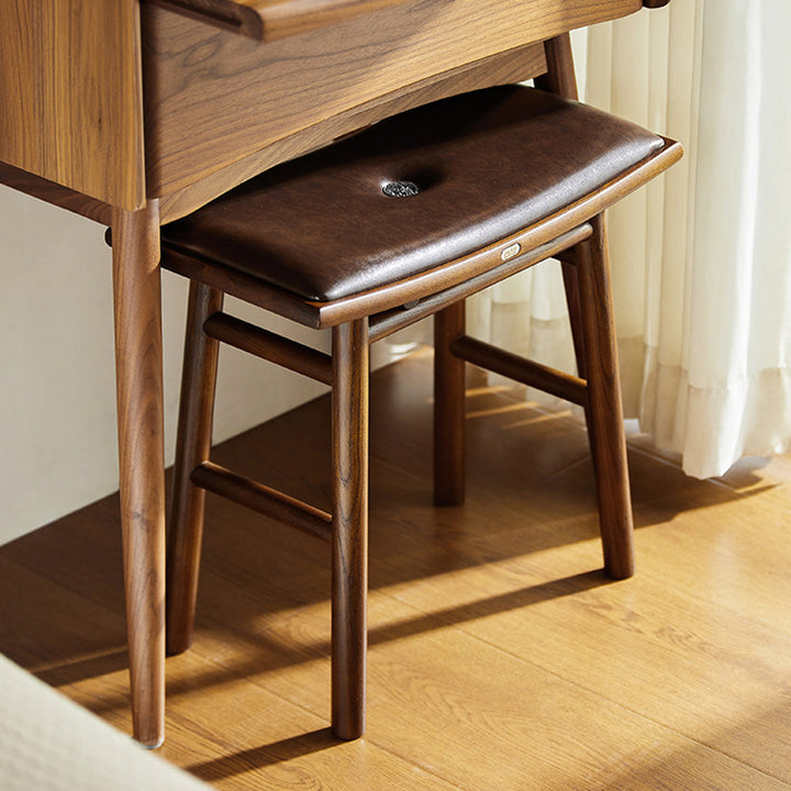 Traditional Chinese Ash Wood PU Leather Sponge Curved Edge Rectangular Space-Saving Vanity Stool Backless Armless For Bedroom