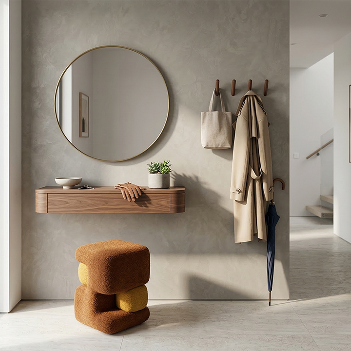 Zeitgenössischer skandinavischer Hocker aus Massivholz, Sperrholz, Samt und Schaumstoff mit geometrischer Form, niedrig, ohne Rückenlehne und Armlehnen, für Wohnzimmer und Schlafzimmer 
