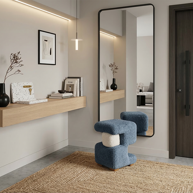 Contemporary Scandinavian Plywood Velvet Sponge Geometric Shaped Low Stool Backless Armless For Living Room &amp; Bedroom