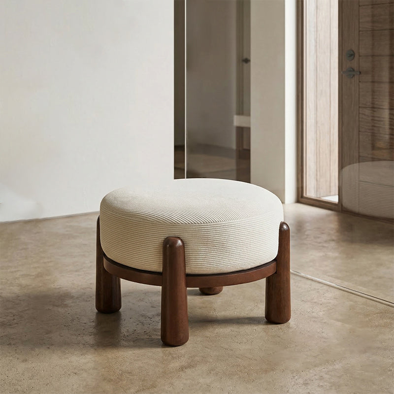 Contemporary Nordic Soft Skin-Friendly Corduroy Sherpa Fabric Solid Wood Sponge Round Pouf Low Stool Backless Armless For Entryway &amp; Hallway