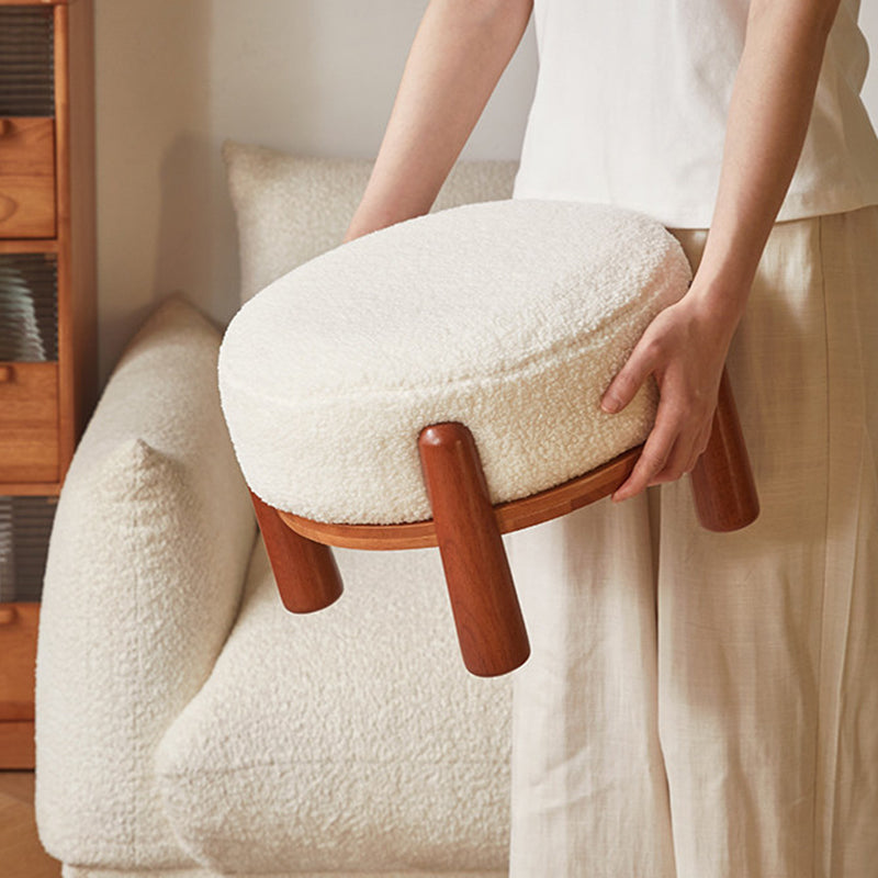 Contemporary Nordic Soft Skin-Friendly Corduroy Sherpa Fabric Solid Wood Sponge Round Pouf Low Stool Backless Armless For Entryway &amp; Hallway
