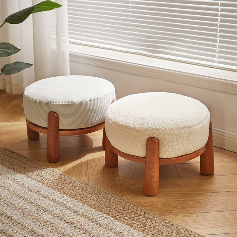 Contemporary Nordic Soft Skin-Friendly Corduroy Sherpa Fabric Solid Wood Sponge Round Pouf Low Stool Backless Armless For Entryway &amp; Hallway
