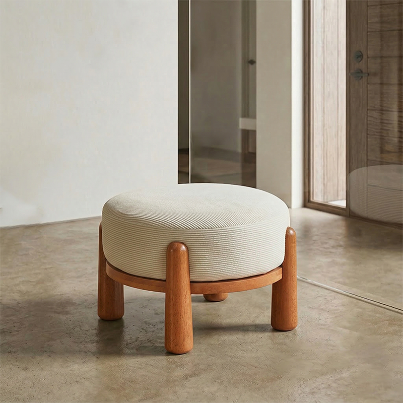 Contemporary Nordic Soft Skin-Friendly Corduroy Sherpa Fabric Solid Wood Sponge Round Pouf Low Stool Backless Armless For Entryway &amp; Hallway