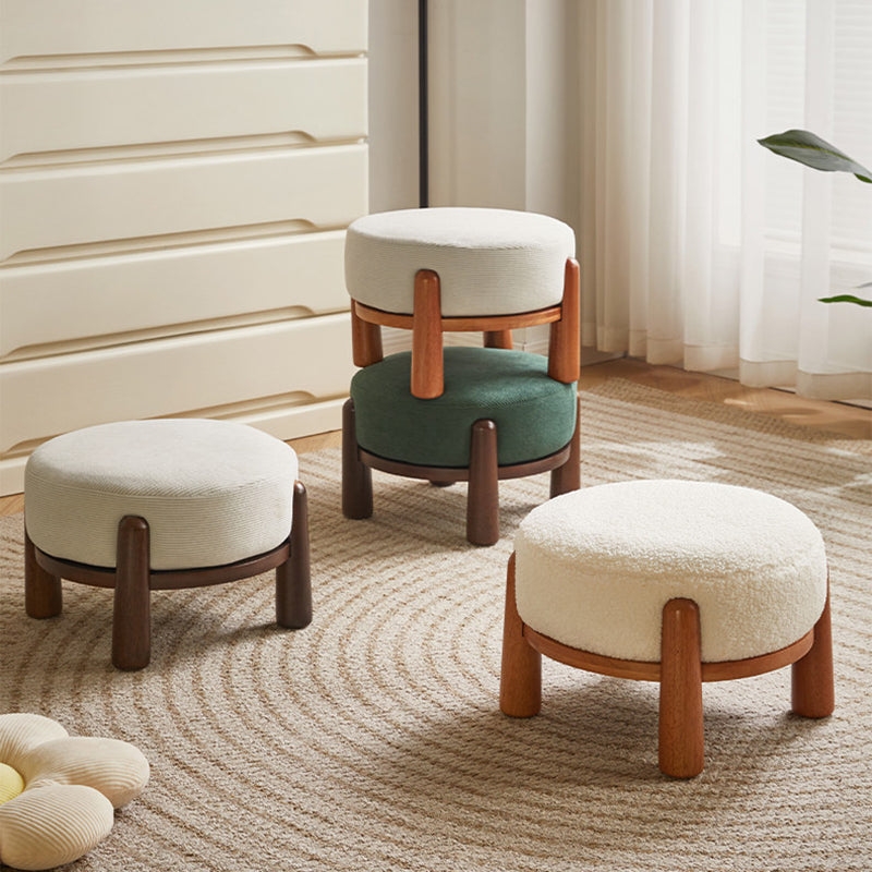 Contemporary Nordic Soft Skin-Friendly Corduroy Sherpa Fabric Solid Wood Sponge Round Pouf Low Stool Backless Armless For Entryway &amp; Hallway