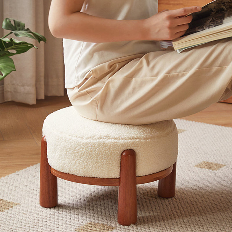 Contemporary Nordic Soft Skin-Friendly Corduroy Sherpa Fabric Solid Wood Sponge Round Pouf Low Stool Backless Armless For Entryway &amp; Hallway