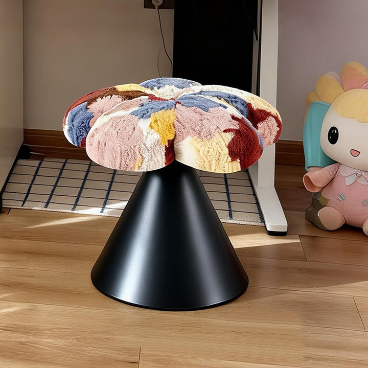 Traditional French Faux Rabbit Fur Carbon Steel Petal Tapered Rotatable Vanity Stool Backless Armless For Bedroom