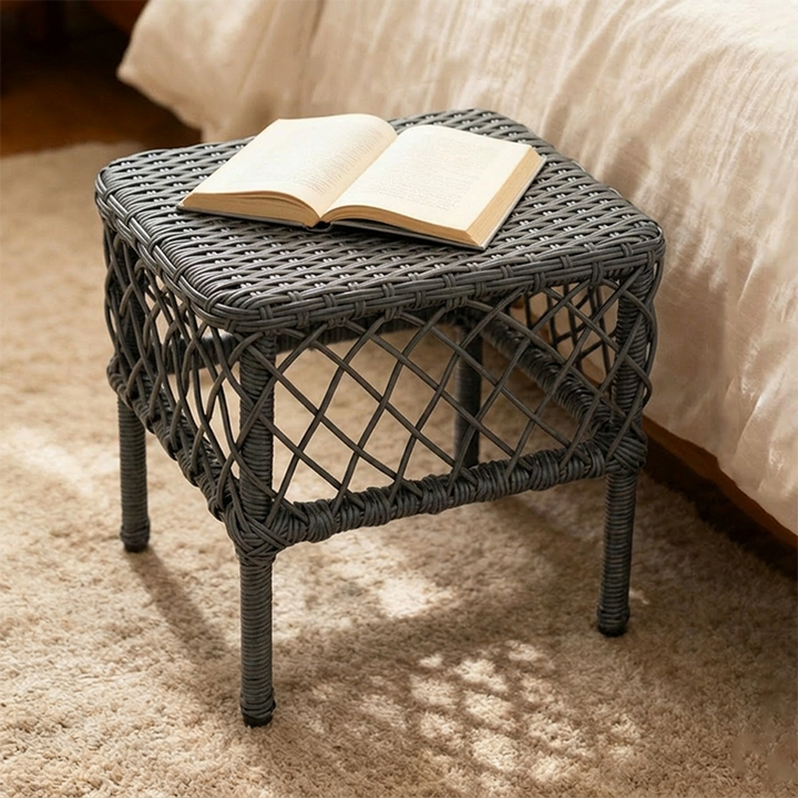 Traditional Rustic PE Rattan Weaving Galvanized Steel Grid Rectangular Breathable Low Stool Backless Armless For Living Room