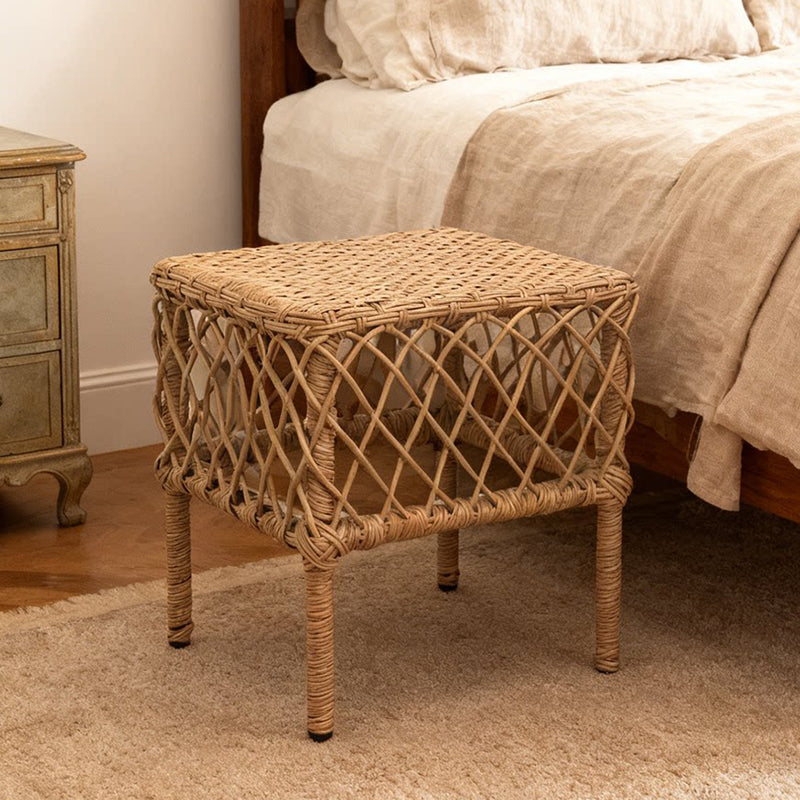 Traditional Rustic PE Rattan Weaving Galvanized Steel Grid Rectangular Breathable Low Stool Backless Armless For Living Room