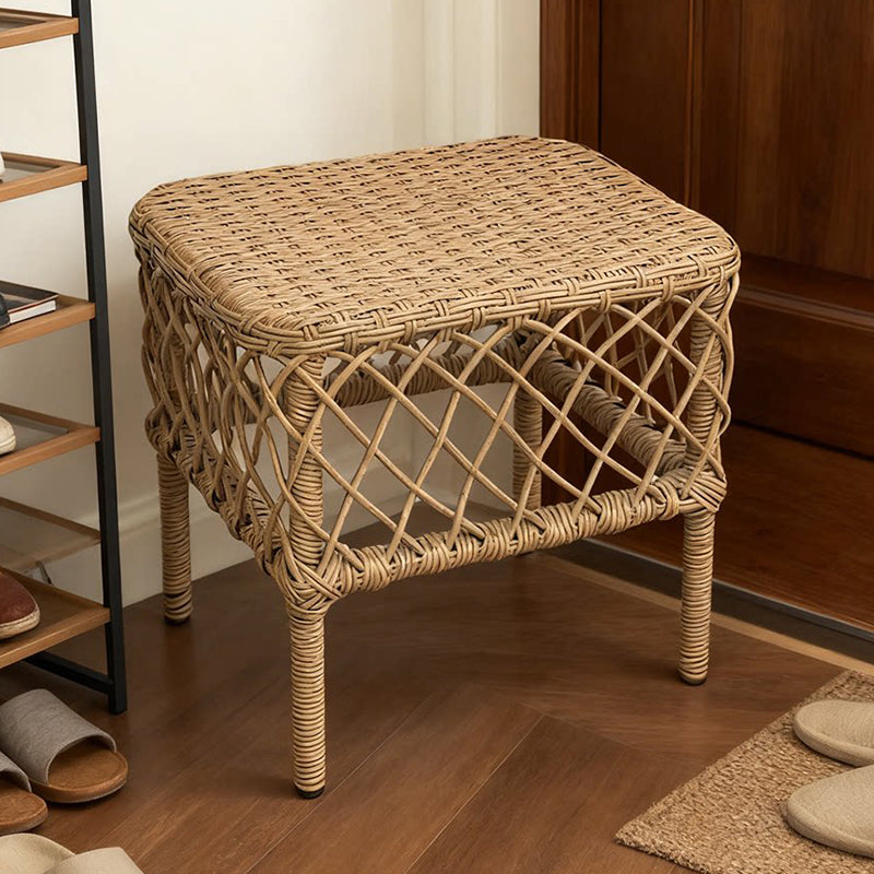 Traditional Rustic PE Rattan Weaving Galvanized Steel Grid Rectangular Breathable Low Stool Backless Armless For Living Room