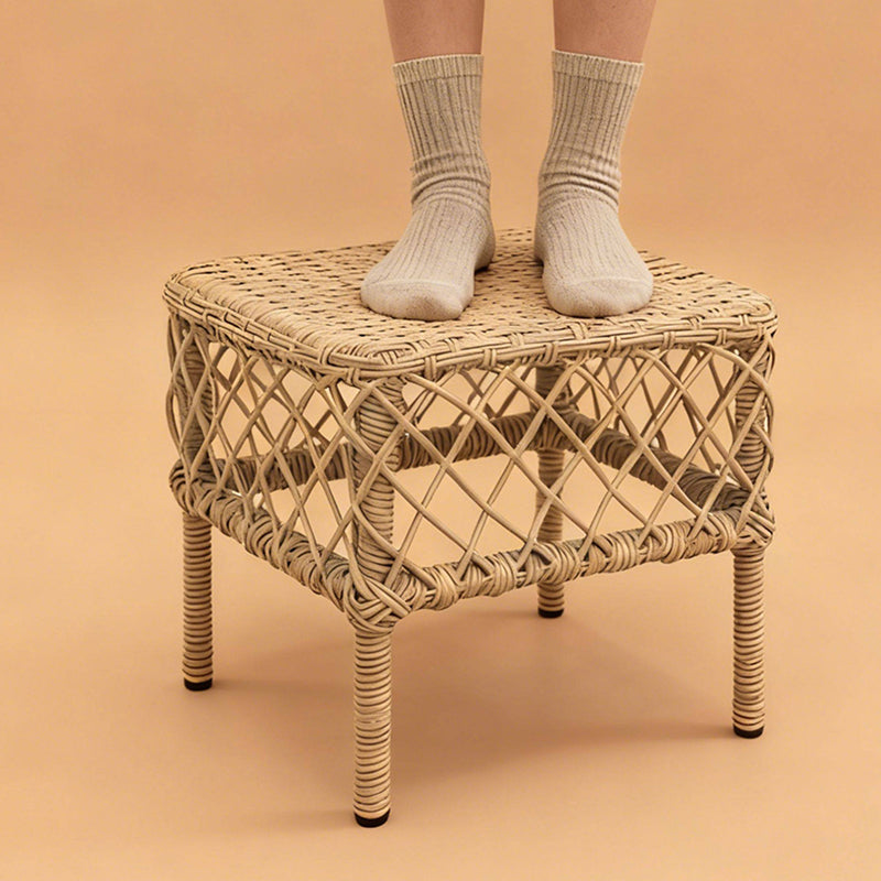 Traditional Rustic PE Rattan Weaving Galvanized Steel Grid Rectangular Breathable Low Stool Backless Armless For Living Room