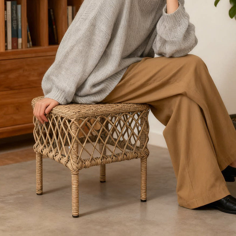 Traditional Rustic PE Rattan Weaving Galvanized Steel Grid Rectangular Breathable Low Stool Backless Armless For Living Room