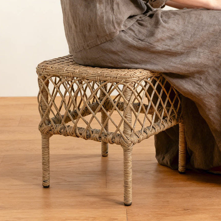 Traditional Rustic PE Rattan Weaving Galvanized Steel Grid Rectangular Breathable Low Stool Backless Armless For Living Room