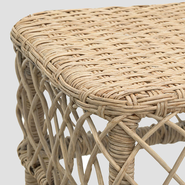 Traditional Rustic PE Rattan Weaving Galvanized Steel Grid Rectangular Breathable Low Stool Backless Armless For Living Room