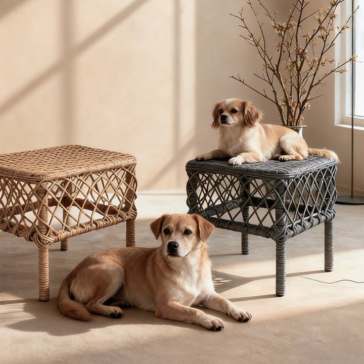 Traditional Rustic PE Rattan Weaving Galvanized Steel Grid Rectangular Breathable Low Stool Backless Armless For Living Room