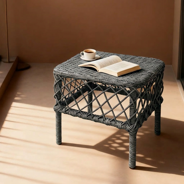Traditional Rustic PE Rattan Weaving Galvanized Steel Grid Rectangular Breathable Low Stool Backless Armless For Living Room