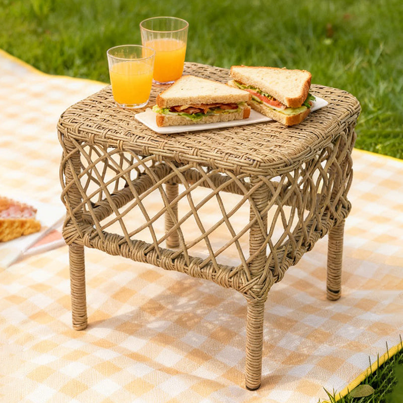 Traditional Rustic PE Rattan Weaving Galvanized Steel Grid Rectangular Breathable Low Stool Backless Armless For Living Room
