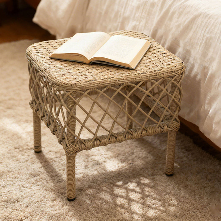 Traditional Rustic PE Rattan Weaving Galvanized Steel Grid Rectangular Breathable Low Stool Backless Armless For Living Room