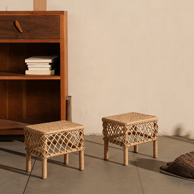 Traditional Rustic PE Rattan Weaving Galvanized Steel Grid Rectangular Breathable Low Stool Backless Armless For Living Room