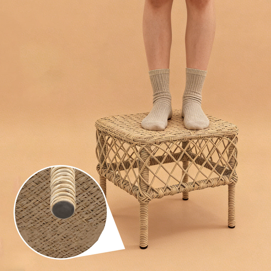 Traditional Rustic PE Rattan Weaving Galvanized Steel Grid Rectangular Breathable Low Stool Backless Armless For Living Room