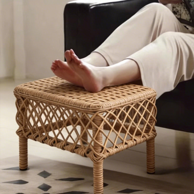 Traditional Rustic PE Rattan Weaving Galvanized Steel Grid Rectangular Breathable Low Stool Backless Armless For Living Room