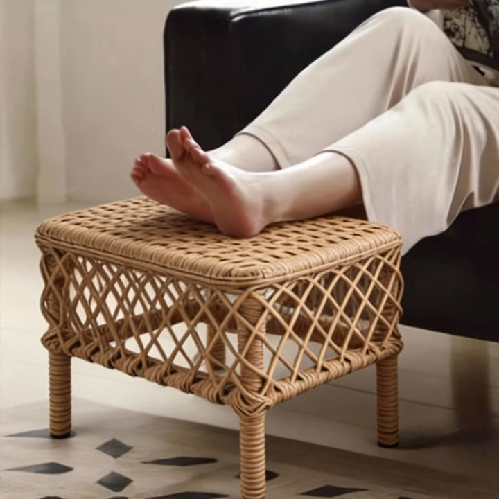 Traditional Rustic PE Rattan Weaving Galvanized Steel Grid Rectangular Breathable Low Stool Backless Armless For Living Room