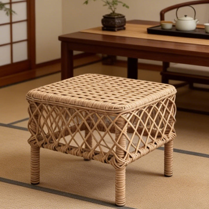 Traditional Rustic PE Rattan Weaving Galvanized Steel Grid Rectangular Breathable Low Stool Backless Armless For Living Room