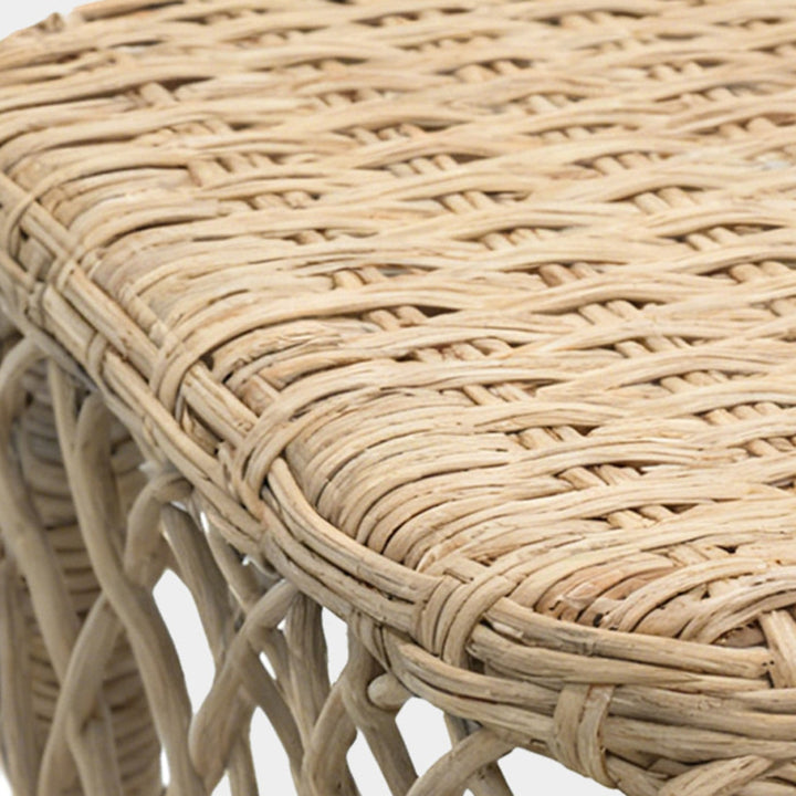 Traditional Rustic PE Rattan Weaving Galvanized Steel Grid Rectangular Breathable Low Stool Backless Armless For Living Room