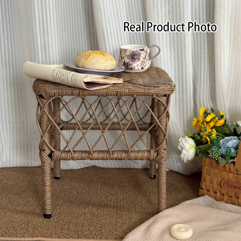 Traditional Rustic PE Rattan Weaving Galvanized Steel Grid Rectangular Breathable Low Stool Backless Armless For Living Room