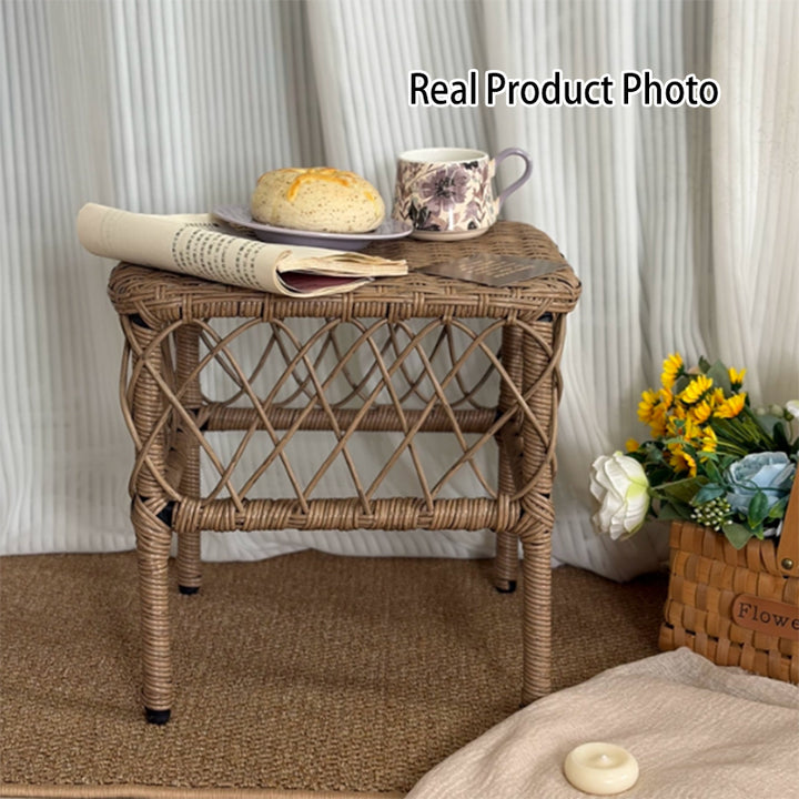 Traditional Rustic PE Rattan Weaving Galvanized Steel Grid Rectangular Breathable Low Stool Backless Armless For Living Room